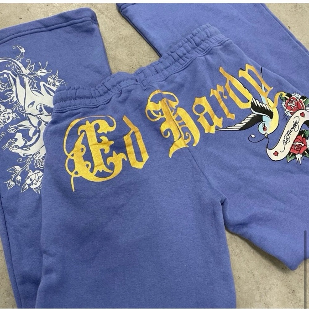 🌺 Ed Hardy Pale Blue Wide Leg Sweatpants Y2K Bird Tattoo Graphic-NWOT